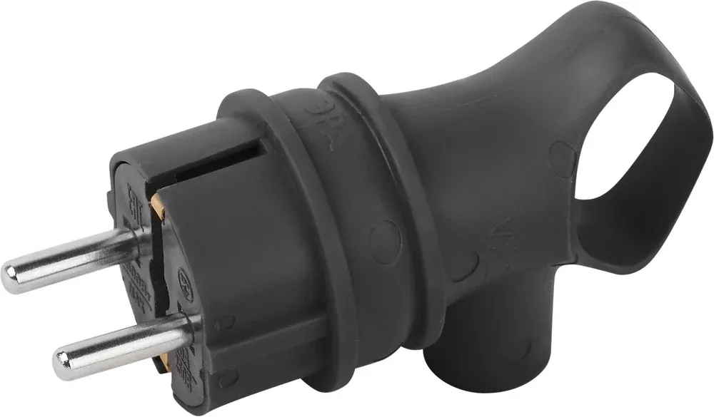 Вилка ЭРА каучуковая c заземлением 16А IP44 VX12-B-IP44 с кольцом угловая черная — фото