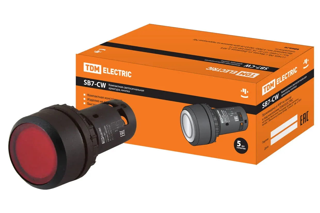 Кнопка SB7-CW3465 с возвратом, 1НО+1НЗ, d22 мм, с подсветкой 220 В LED, красная, IP54 TDM — фото