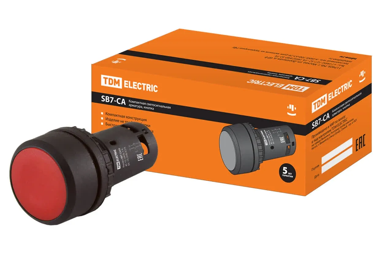 Кнопка SB7-CA45 с возвратом, 1НО+1НЗ, d22 мм, красная, IP54 TDM — фото