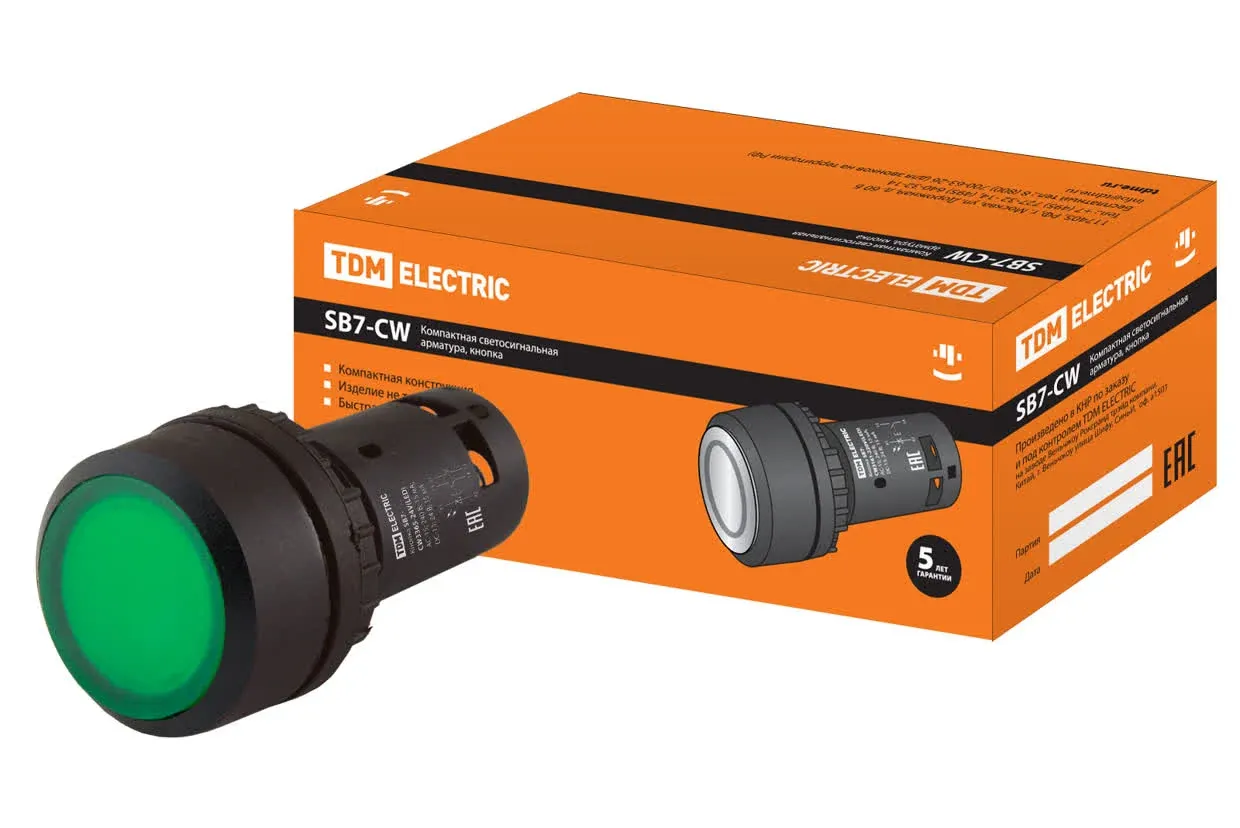 Кнопка SB7-CWL3365 с фиксацией, 1НО+1НЗ, d22 мм, с подсветкой 220 В LED, зеленая, IP54 TDM — фото