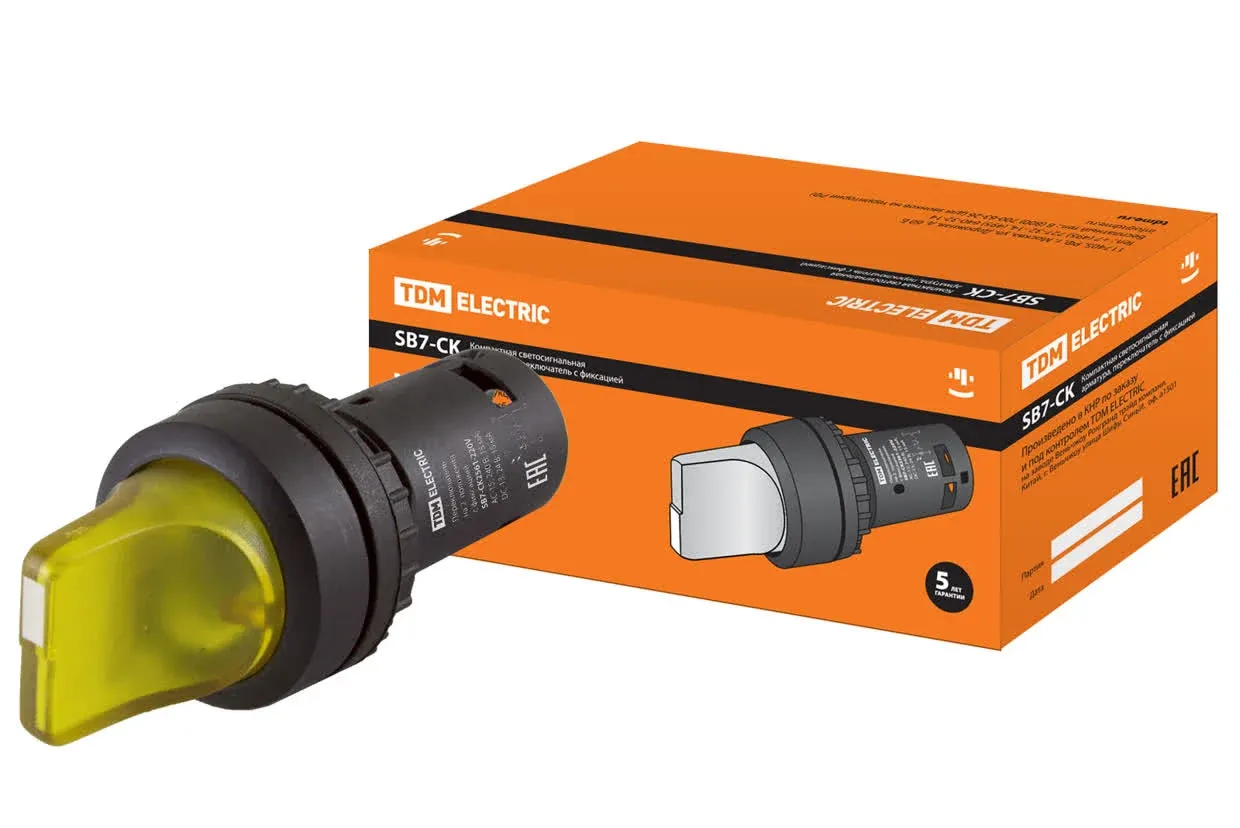 Переключатель на 2 положения SB7-CK2561 1НО d22 мм с подсветкой 24 В LED желтый IP40 TDM — фото