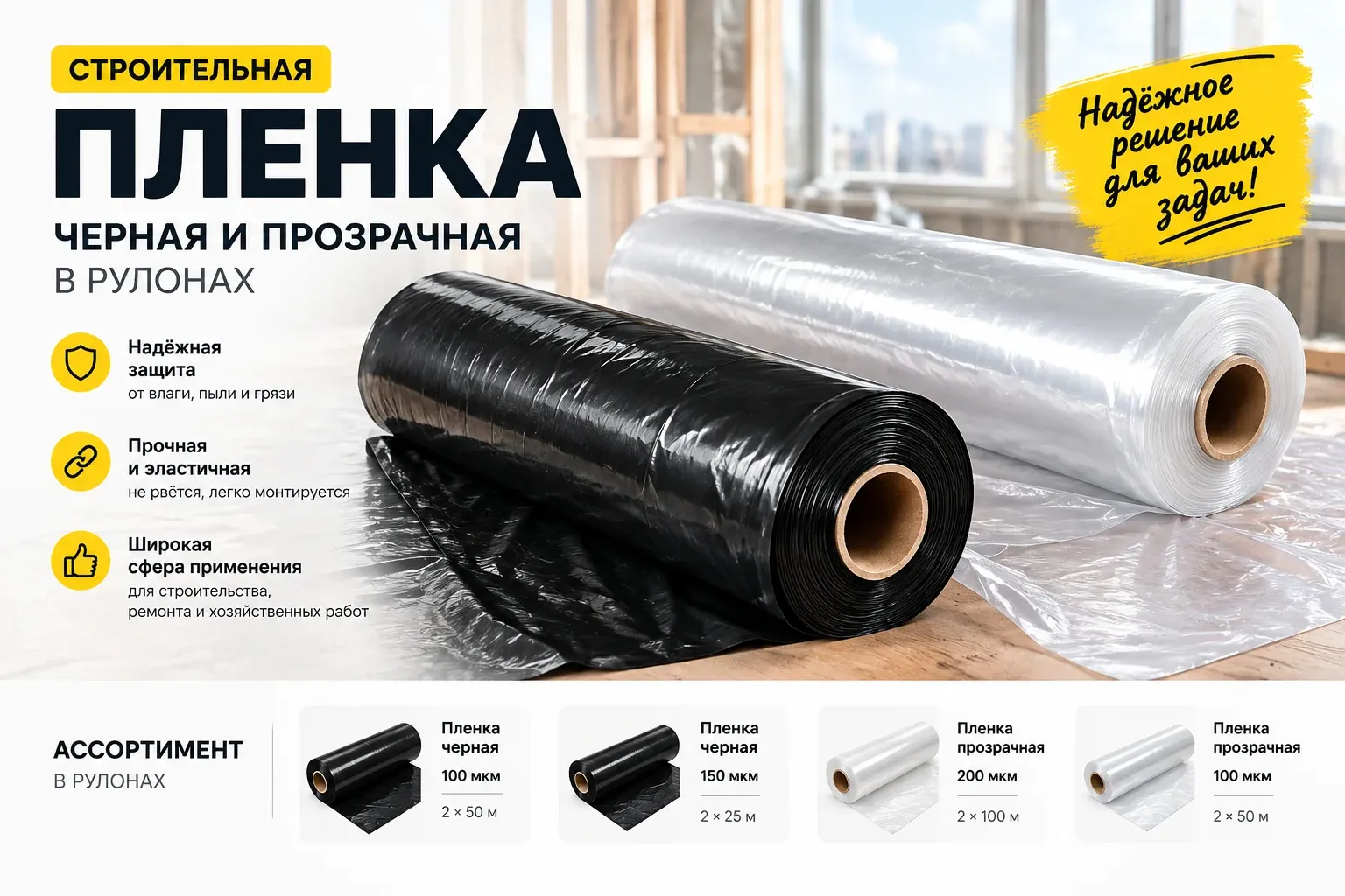 Плёнка прозрачная 200 мкм, 1500 мм × 2, рулон 50 м — фото